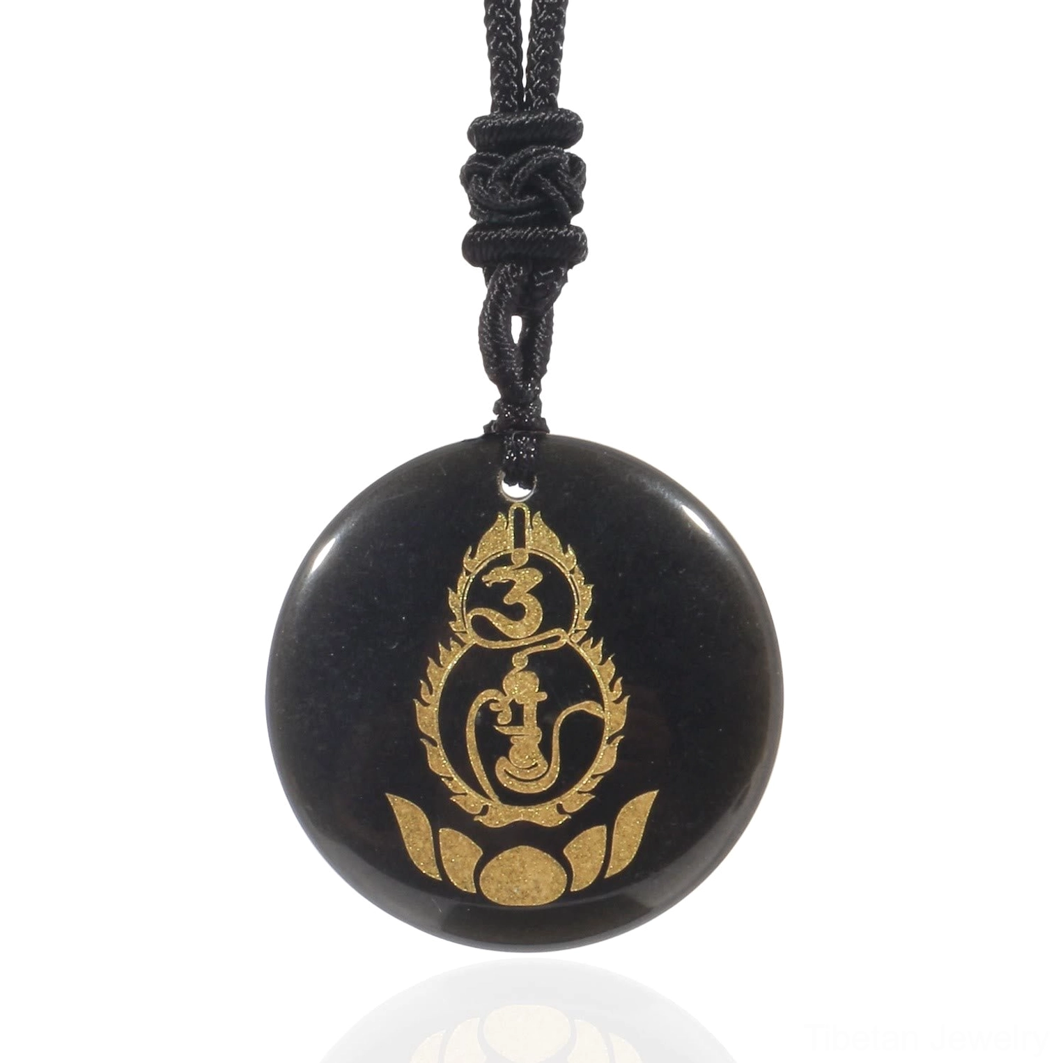 Black Obsidian Tibetan Vajra Protection Mantra Necklace Pendant with Lotus Symbol