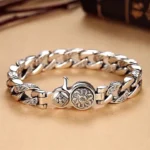 Tibetan Om Mani Padme Hum Double Vajra bracelet in silver copper, front view on wooden surface showing intricate mantra engravings