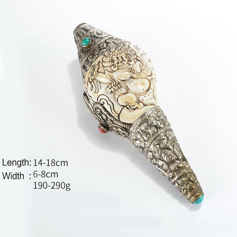 Tibetan Vajrapani hand-carved conch shell ornament featuring fierce deity relief and gemstone embellishments