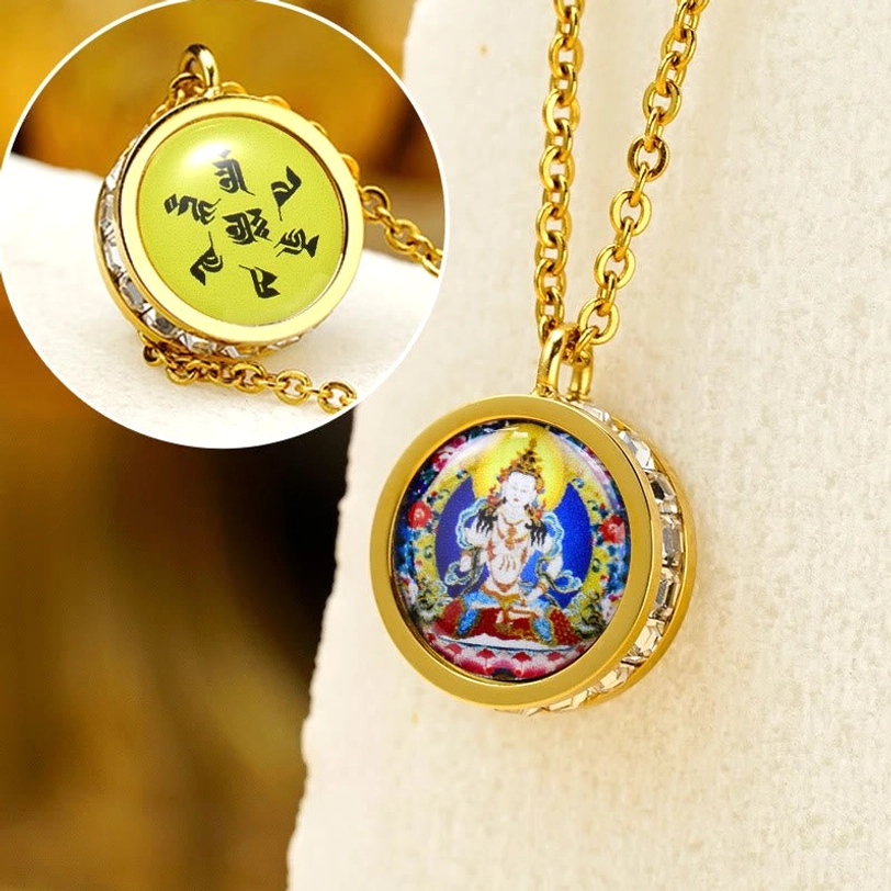 Vajrasattva Bodhisattva pendant necklace close-up showing intricate iconography and titanium steel construction detail