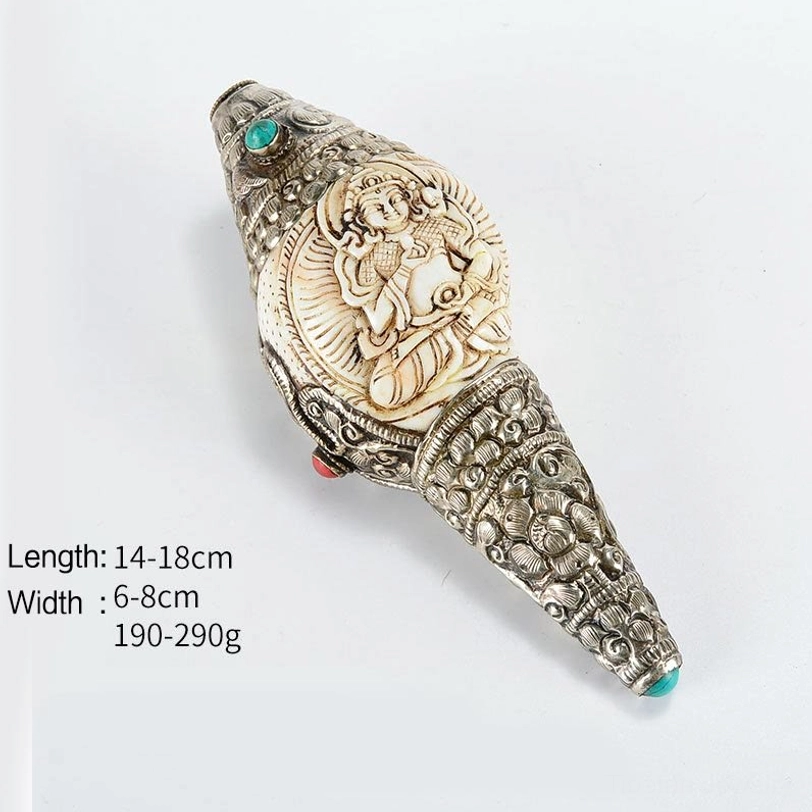 Tibetan Vajrasattva hand-engraved Shankha conch with detailed Buddha relief and silver decorative borders