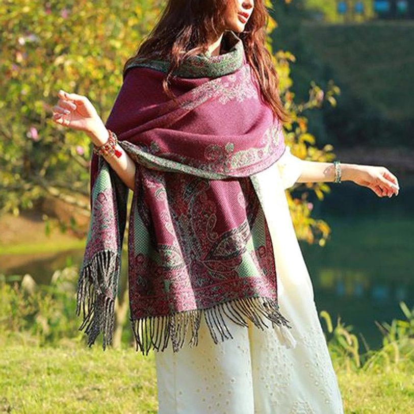 Tibetan paisley shawl in neutral tone paired with casual wear