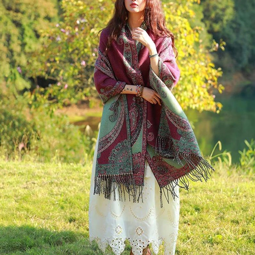 Tibetan paisley shawl styled with layers showing versatile wearing options