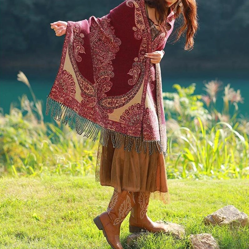 Tibetan shawl worn one-shoulder style with cowboy boots and casual drape