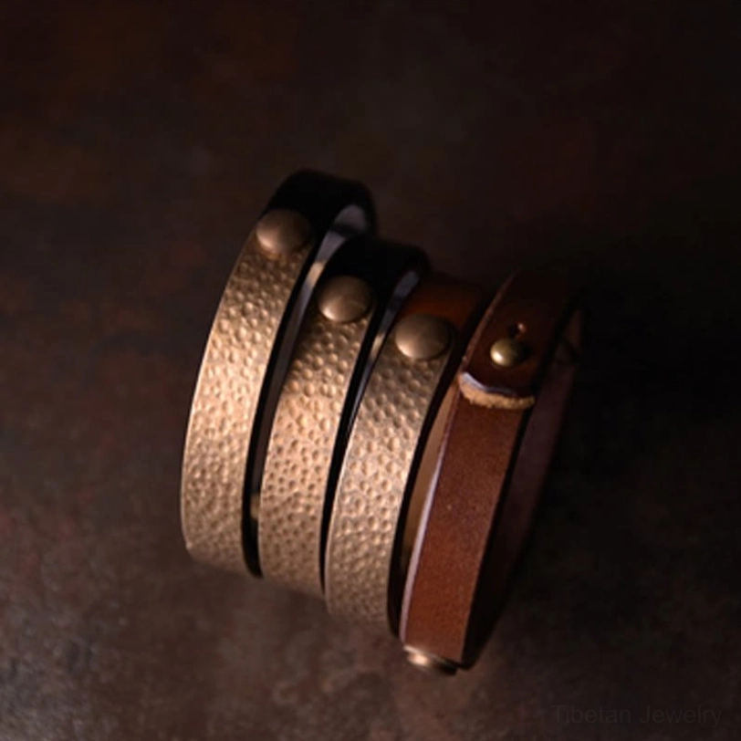 Mixed style Tibetan leather metal bracelet set showing multiple variations with hammered brass and leather combinations