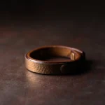 Handcrafted Tibetan copper brass leather wealth bracelet with hammered metal panel and brown leather strap, vintage style side view