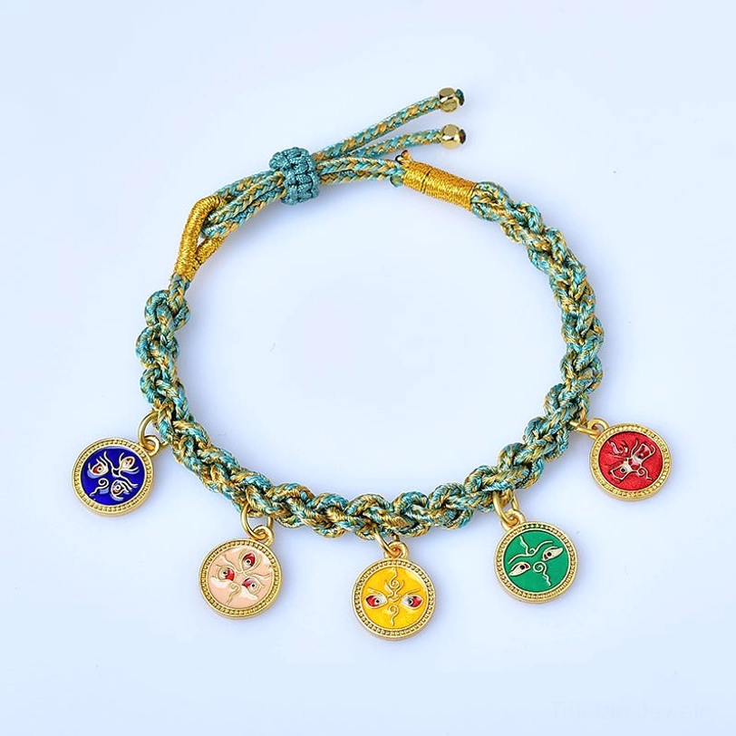 Teal-gold braided Tibetan prosperity bracelet with five enamel charm pendants displayed on white background