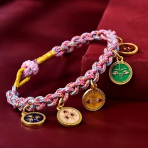 Tibetan five gods of wealth braided bracelet with purple-pink rope and gold-accented enamel charm pendants on red velvet background