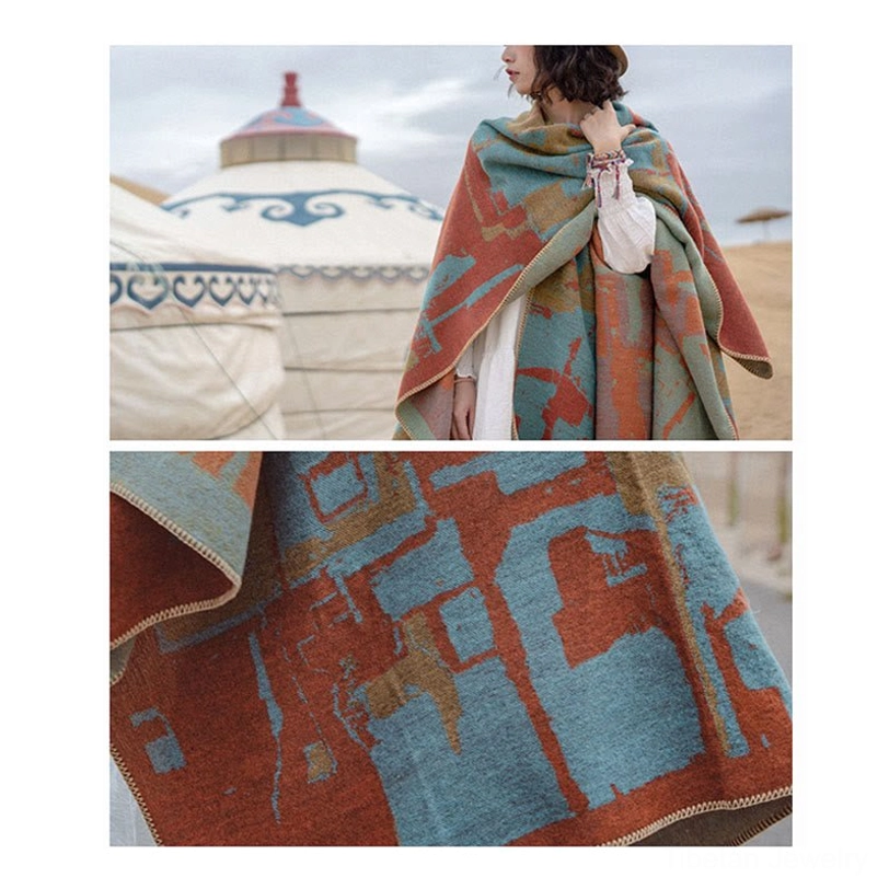 Tibetan orange geometry patterned cape suitable for meditation and yoga practice