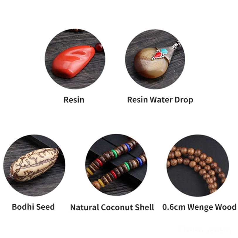Close-up detail of tibetan wenge wood beads and ethnic spacer ornaments showing handmade craftsmanship