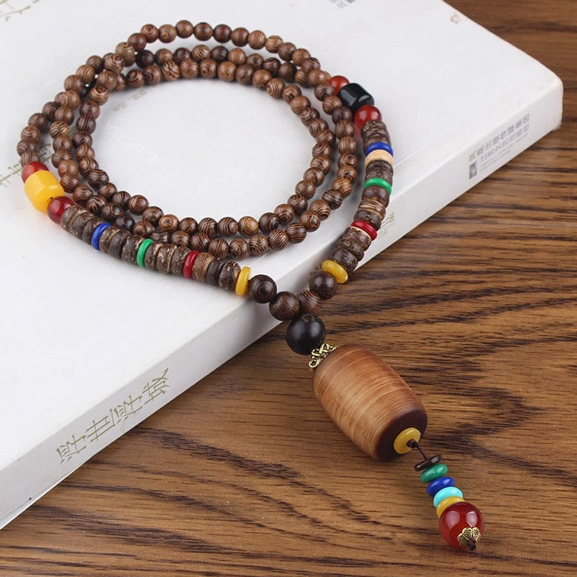 Wenge wood and brown cylinder tibetan necklace with natural material spacer beads, ethnic craftsmanship