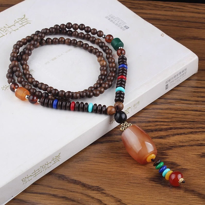 Tibetan necklace with wenge wood and brown resin ball pendant, handmade ethnic spiritual jewelry