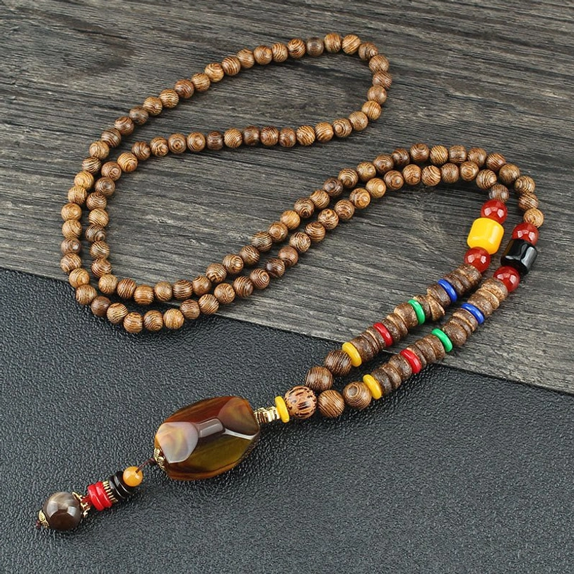Wenge wood necklace with faceted yellow citrine stone pendant and ethnic beaded accents