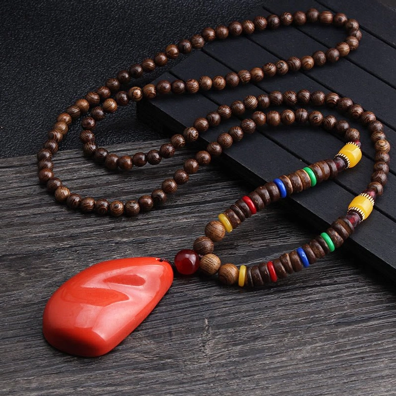 Long wrapped wenge wood necklace with red agate pendant and colorful ethnic spacers, handmade Tibetan style