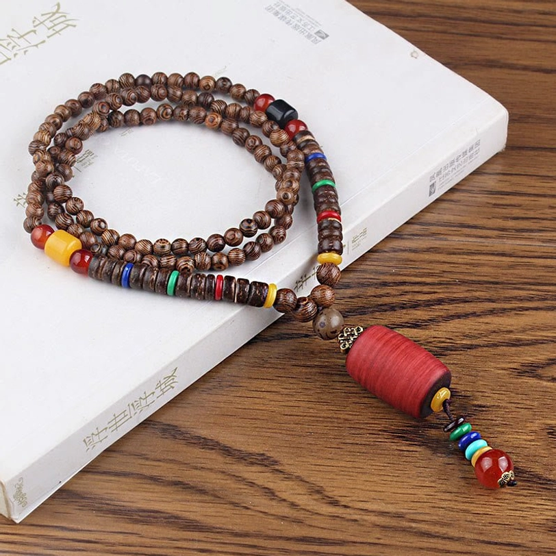 Tibetan wenge wood necklace with red wooden cylinder pendant and ethnic style spiritual design