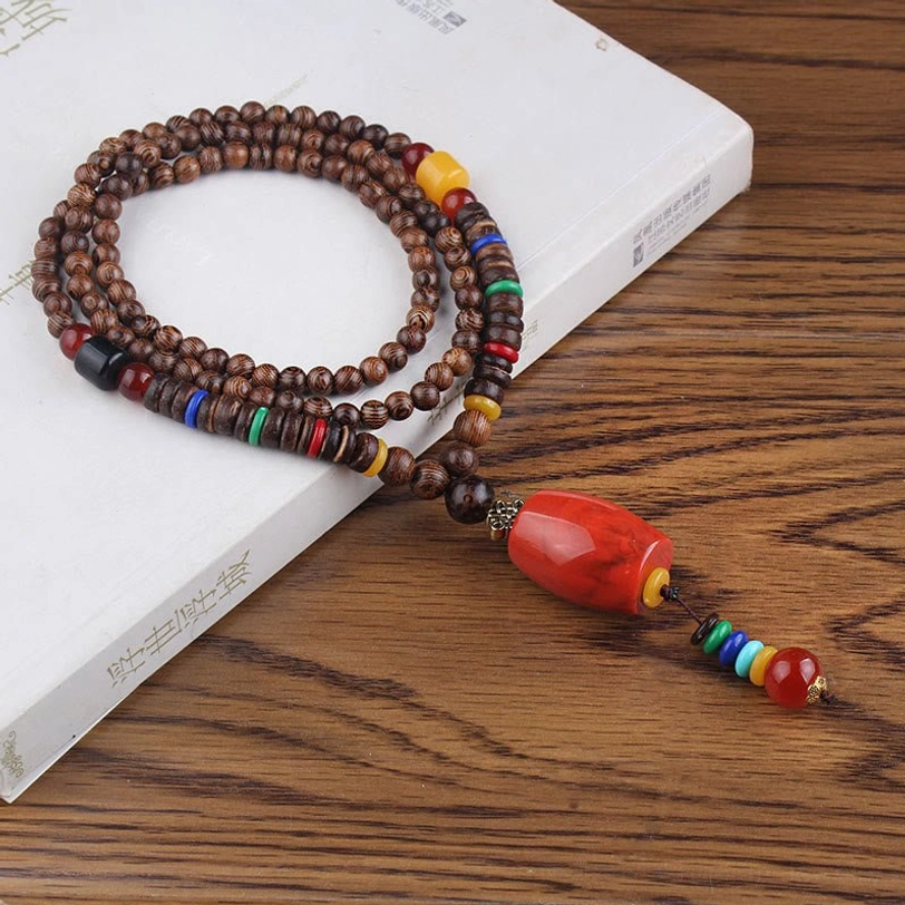 Handmade tibetan necklace with wenge wood and red resin cylinder pendant, ethnic spacer beads
