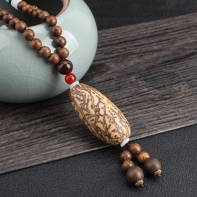 Tibetan wenge wood necklace with thousand-eyed pattern bodhi seed wooden bead pendant, spiritual jewelry