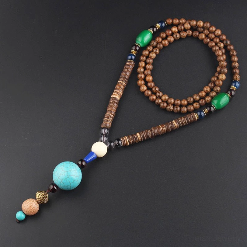 Tibetan wenge wood necklace with turquoise round ball pendant and ethnic beaded ornaments