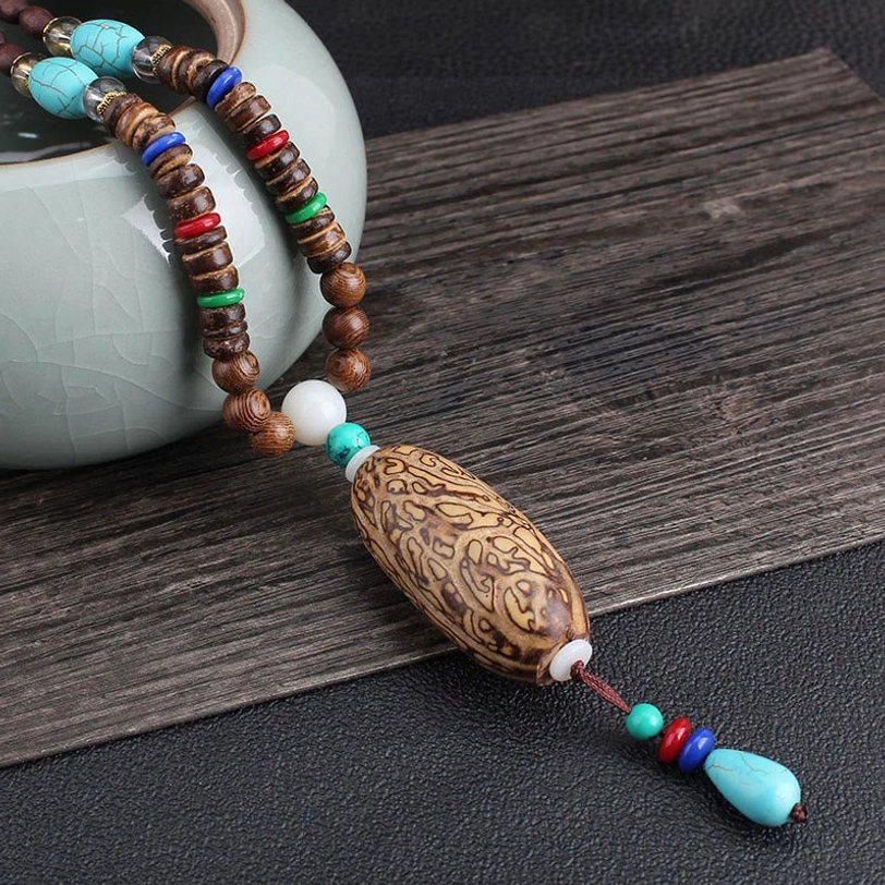 Wenge wood and turquoise thousand-eyed pattern bodhi seed tibetan necklace with ethnic beads