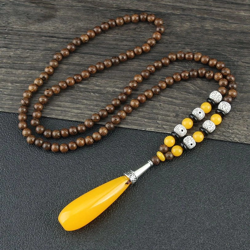 Tibetan necklace with wenge wood and yellow water drop resin pendant, ethnic spiritual jewelry
