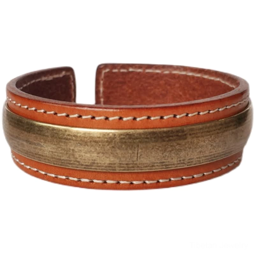 Wide leather and copper Tibetan cuff bracelet with double-stitched leather trim