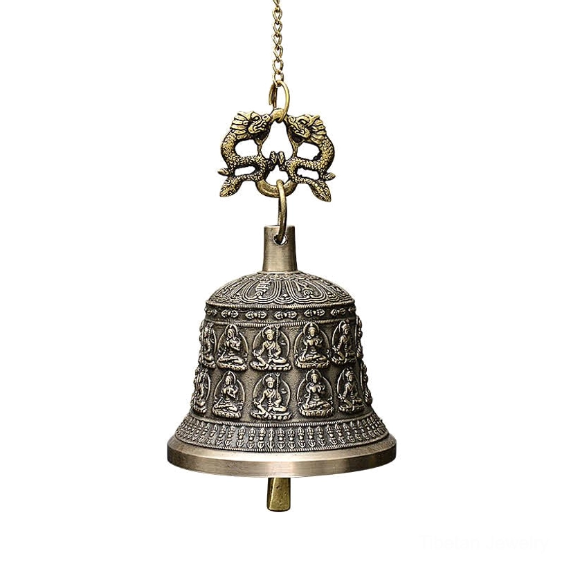 Antique bronze wind chime bell showing complete dragon suspension hardware and hanging chain
