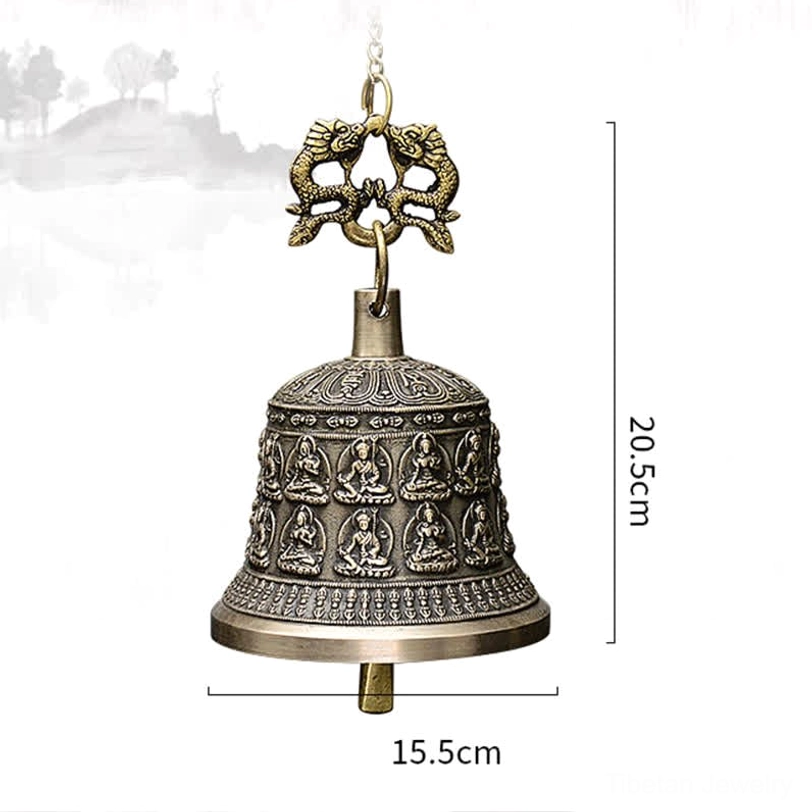 Handmade Tibetan wind chime bell with authentic embossed Buddhist sacred symbols and patterns