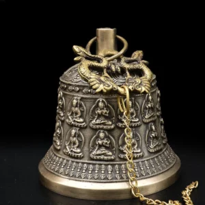 Handcrafted copper wind chime bell top view showing dual dragon suspension hook and hanging chain detail