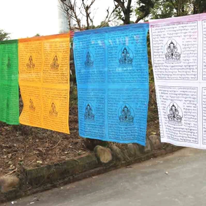 Hanging Tibetan prayer flags outdoor roadside display showing yellow blue green white red flags with Buddha images and mantras