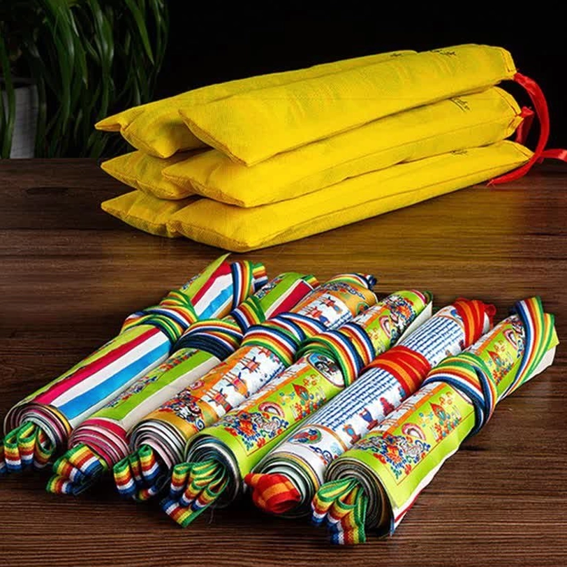 Tibetan prayer flag with intricate windhorse lungta symbol carrying blessings and positive energy