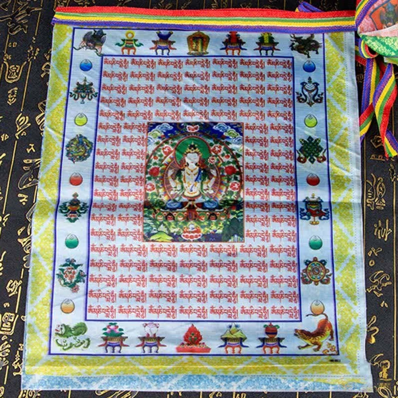 Tibetan windhorse Lungta prayer flag with intricate mandala design and protective Buddhist mantras