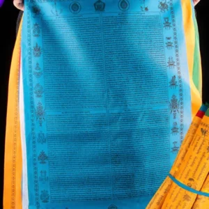 Tibetan 5-color windhorse prayer flag with blue base featuring black printed Buddhist mantras and sacred text, perfect for outdoor spiritual display