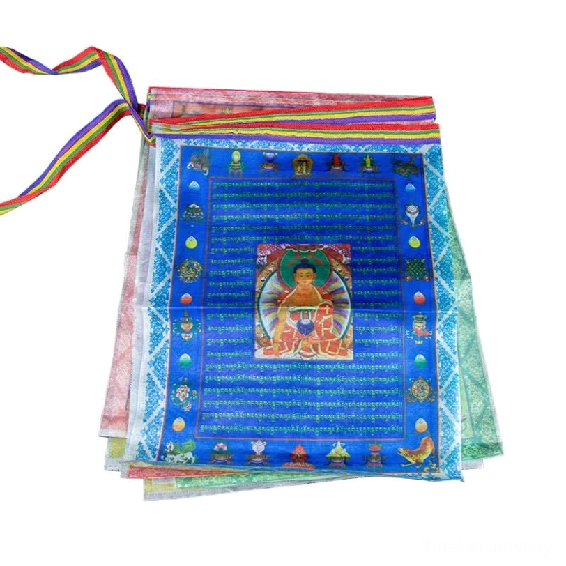 Tibetan windhorse prayer flag long string displaying complete collection of five elements and spiritual symbols