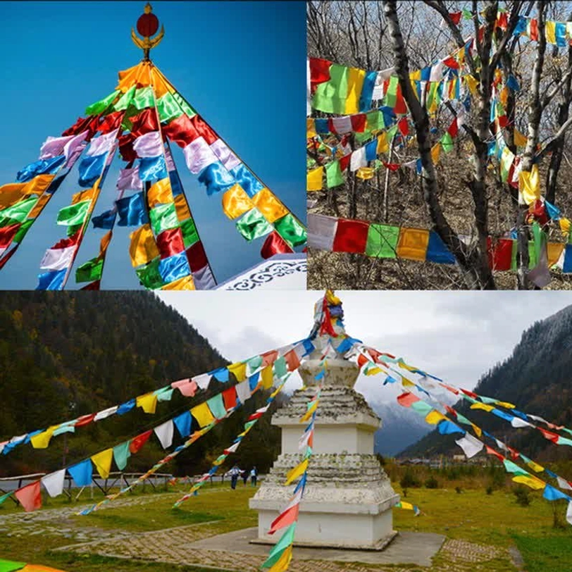 Tibetan prayer flags installed in mountain temples and natural landscapes featuring traditional windhorse and five sacred elements