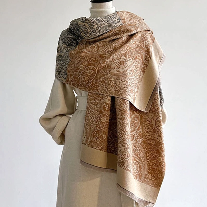 Tibetan winter wrap showcasing full size dimensions, paisley vine pattern, and artisanal handcrafted quality