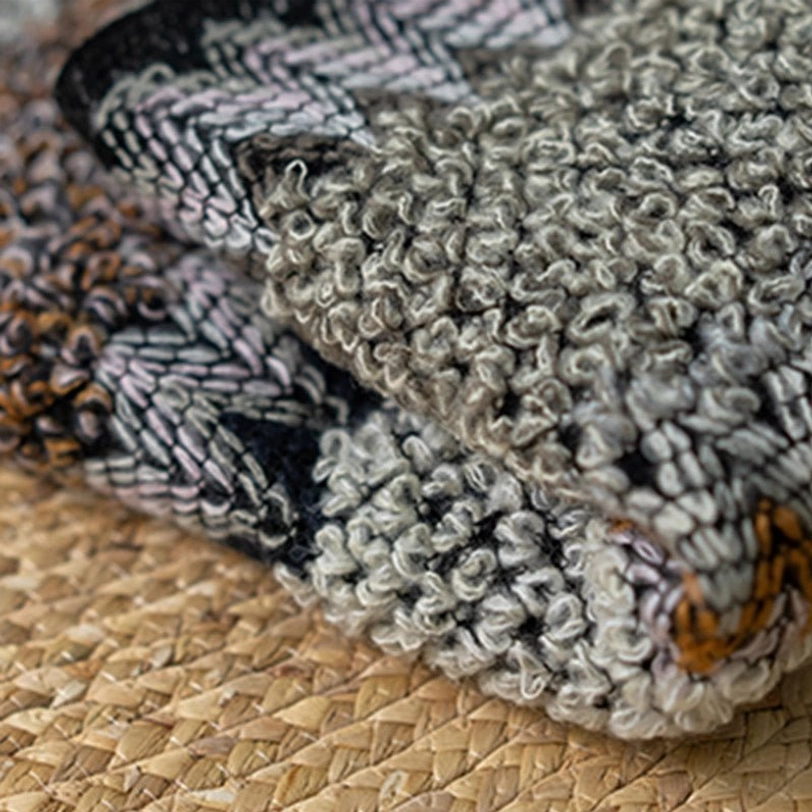 Tibetan warm winter wrap shawl draped on shoulders showing striped knit pattern and full coverage design