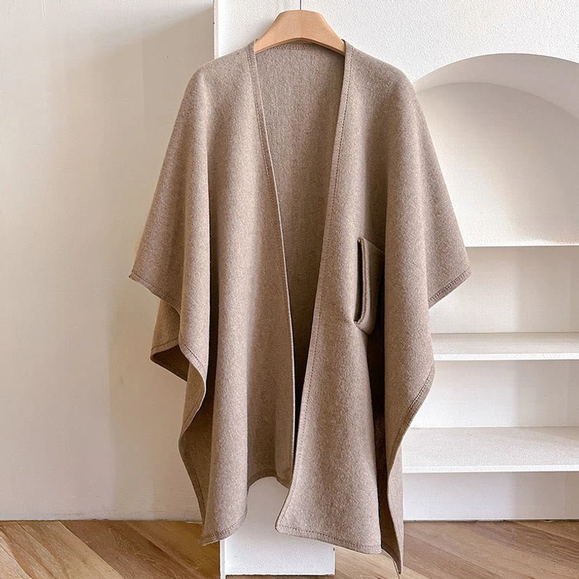 Tan Tibetan shawl wrap open front poncho - minimalist display, sleeveless loose cut, smooth wool texture