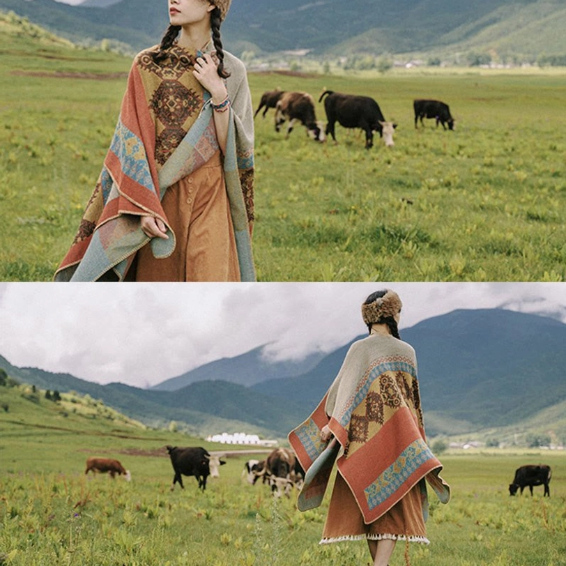 Tibetan wool wrap shawl flat lay product photography showing full size and geometric design pattern on neutral background