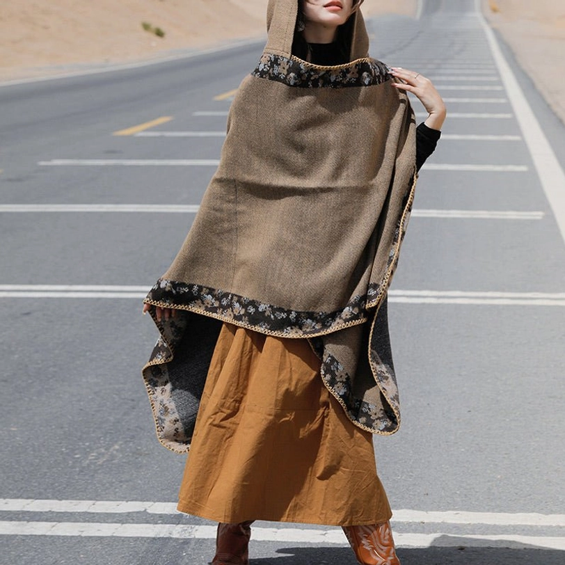 Tibetan wrap cloak styled with western fashion pieces showing modern eclectic styling possibilities