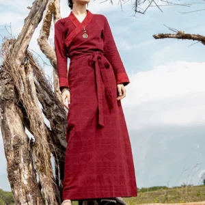Handwoven Tibetan maxi dress front standing view, burgundy wrap dress with natural texture and self-tie waist sash