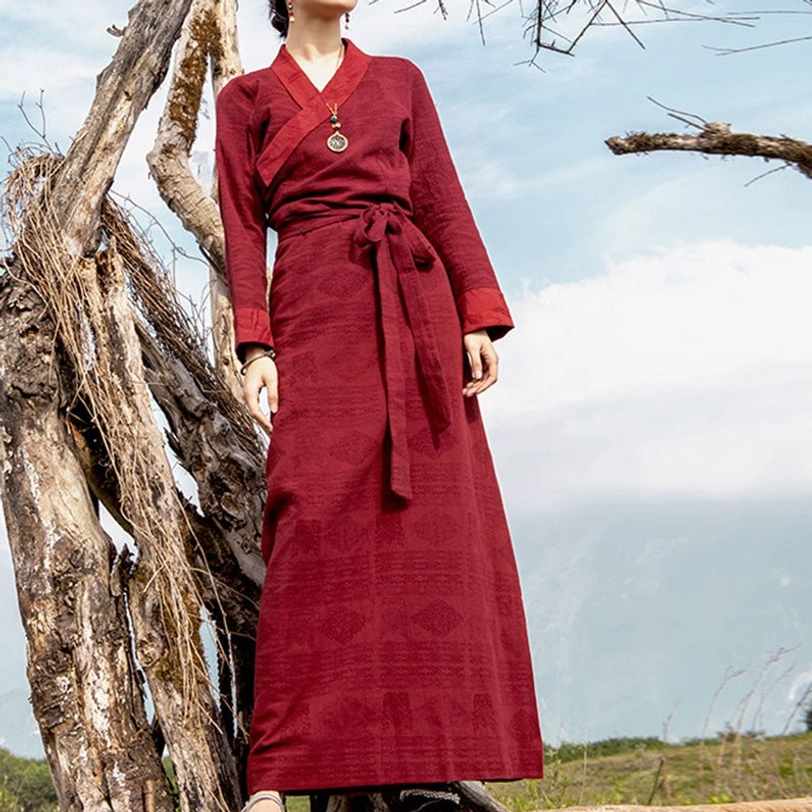 Handwoven Tibetan maxi dress front standing view, burgundy wrap dress with natural texture and self-tie waist sash