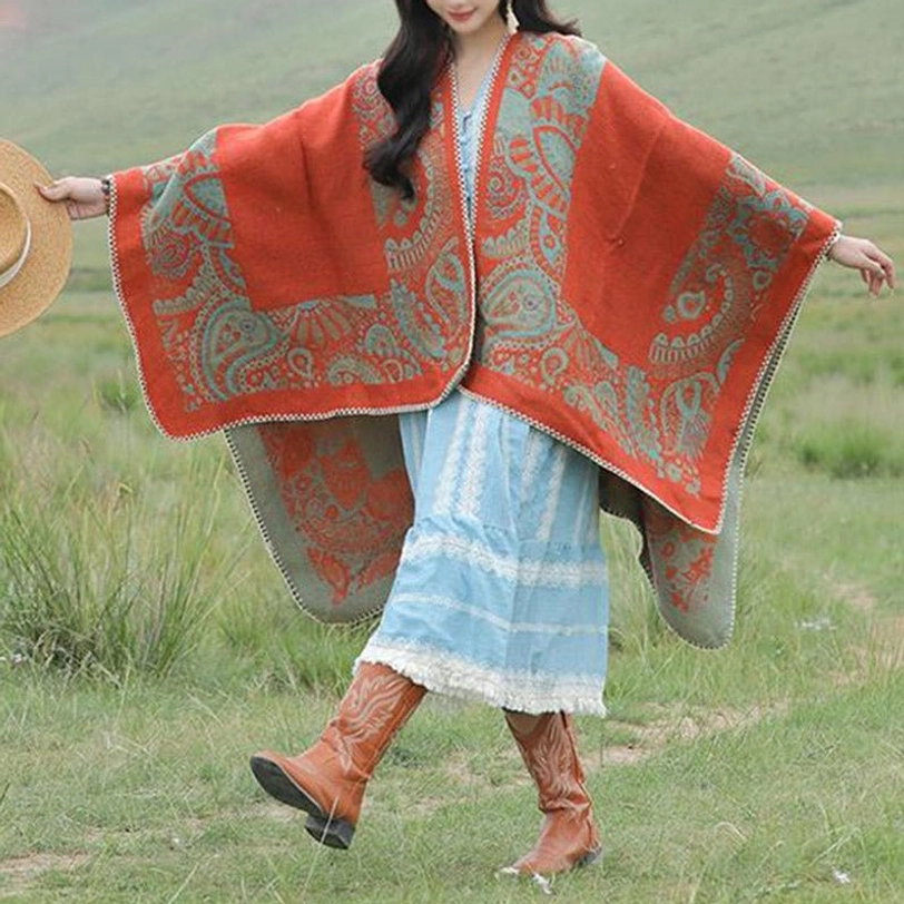 Tibetan warm wrap material quality showing soft acrylic blend and fine knitting craftsmanship