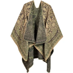 Tibetan ethnic wrap shawl green and khaki paisley design reversible wrap scarf