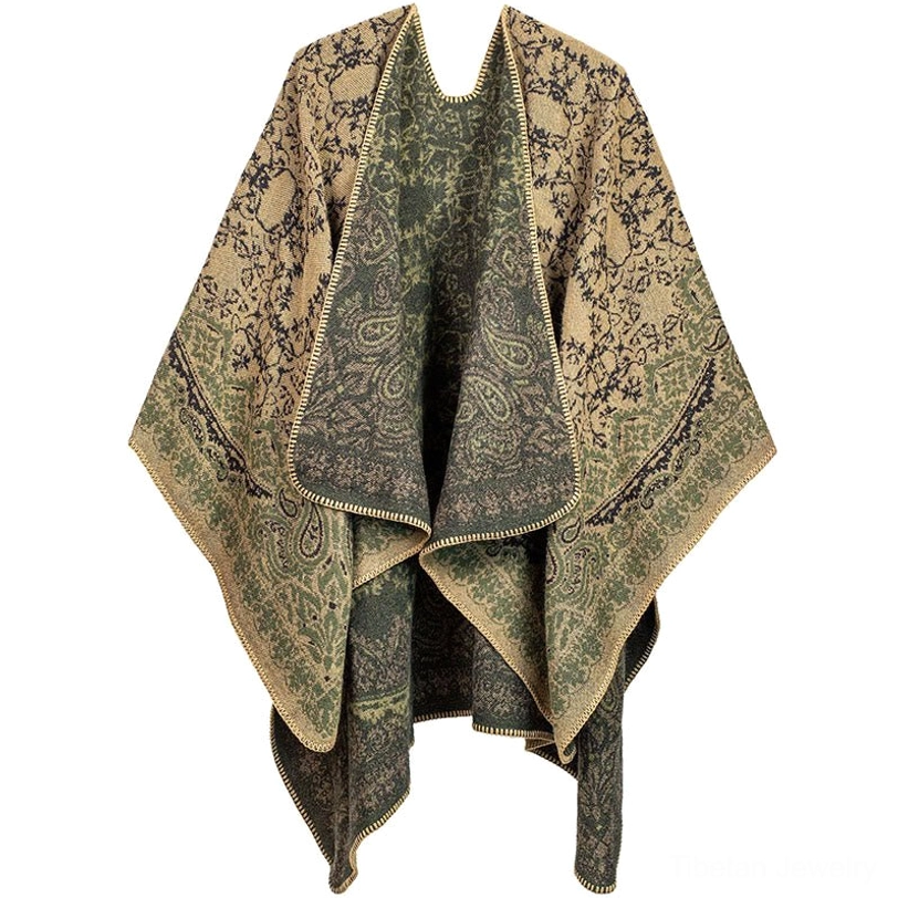 Tibetan ethnic wrap shawl green and khaki paisley design reversible wrap scarf