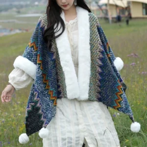 Full-body frontal view of Tibetan ethnic wrap shawl coat with pom-pom decorations, white faux fur cuffs, worn on grassland campsite