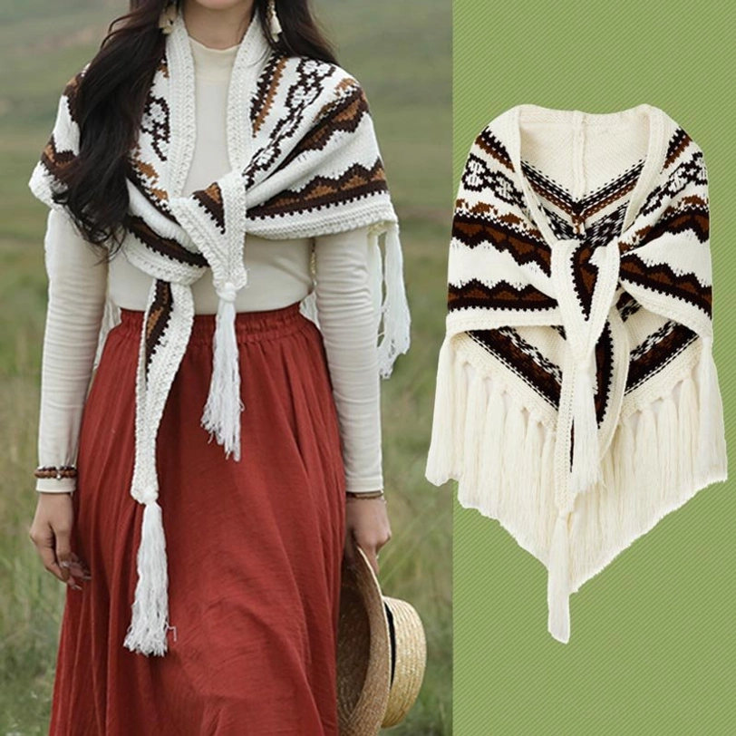 Tibetan triangular wrap shawl flat lay showing full dimensions and geometric ethnic design