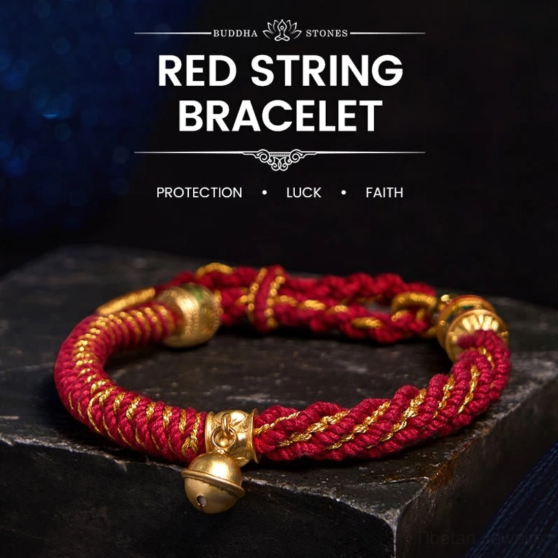 Red gold Tibetan wealth goddess bracelet with hand-woven cord and traditional brass bell charm for daily wear