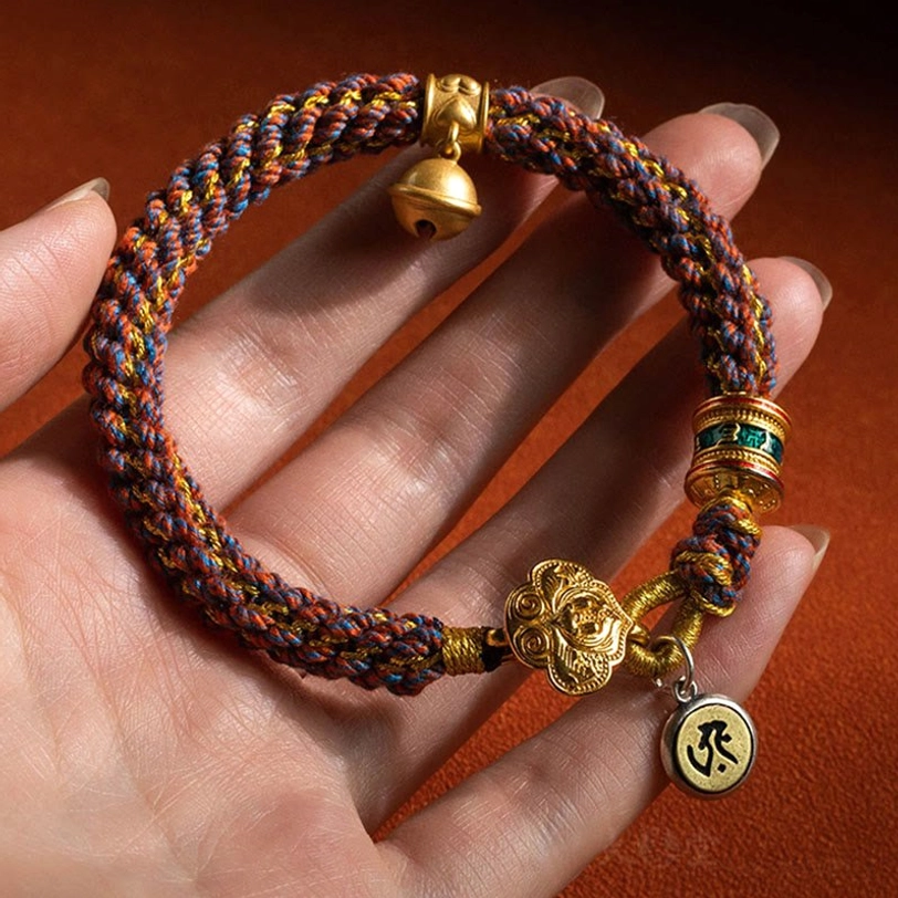 Tibetan Buddhist zodiac natal Buddha bracelet with braided cord and silver metal pendants