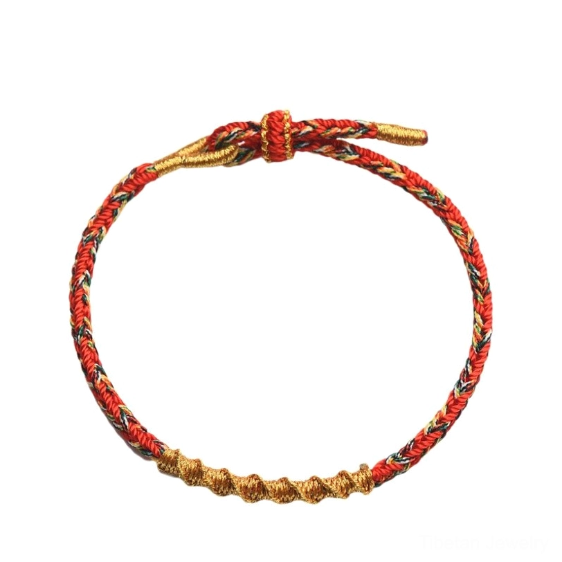 Front view of red and gold twisted Tibetan zodiac natal buddha braided bracelet with central knot