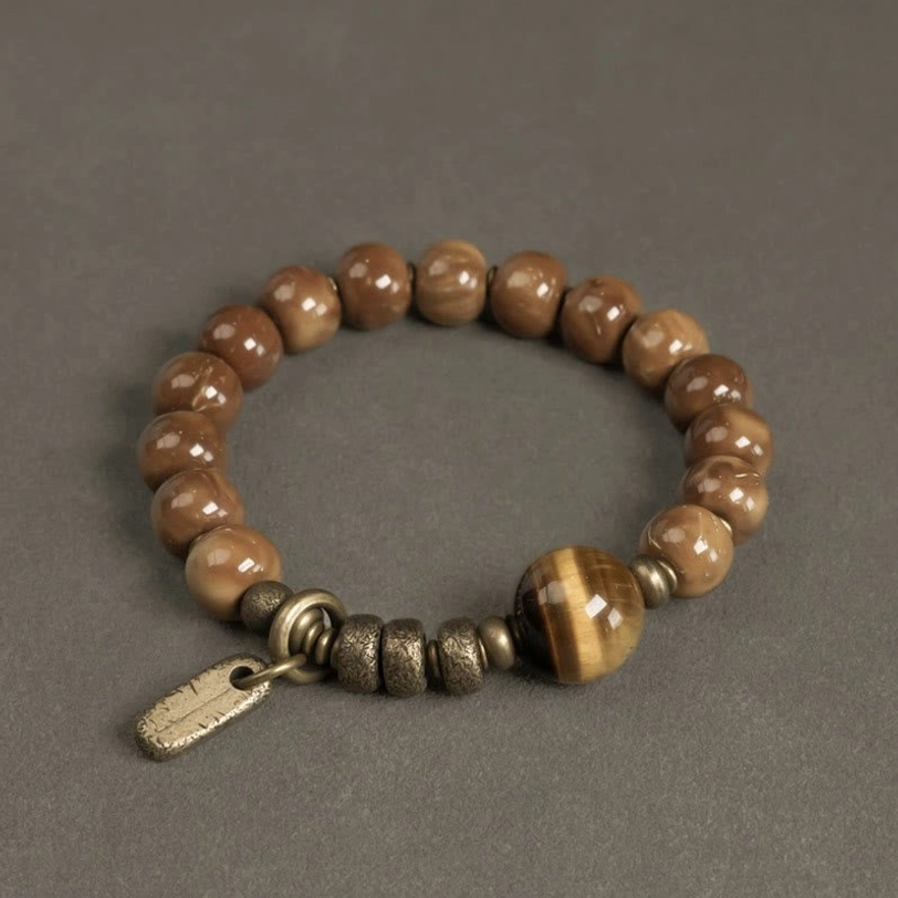 Tiger eye and kuka seed beaded bracelet with brass accents, top-down flat lay view